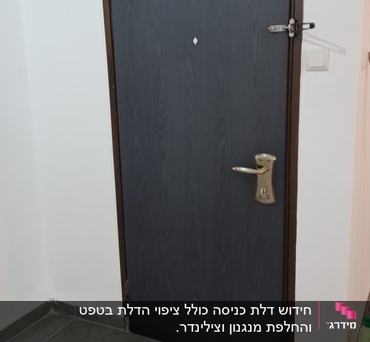 דלת כהה עם ידית מתכת ומנעול עליון